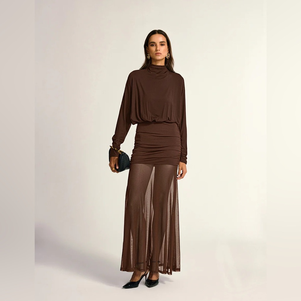 Turtleneck Long Sleeve Drape Ruched Mesh Dress- BROWN